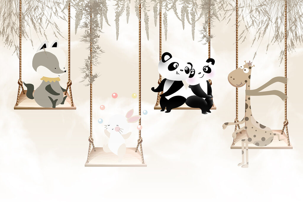 A group of animals on swings A group of animals on swings