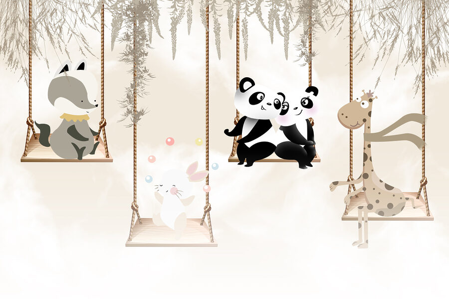 A group of animals on swings