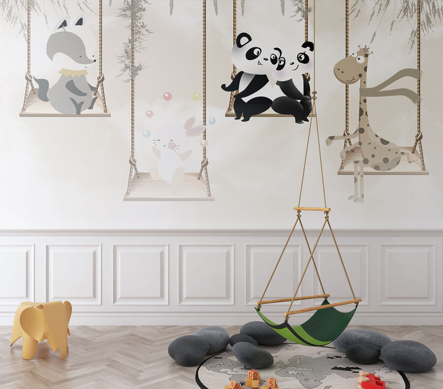 A group of animals on swings