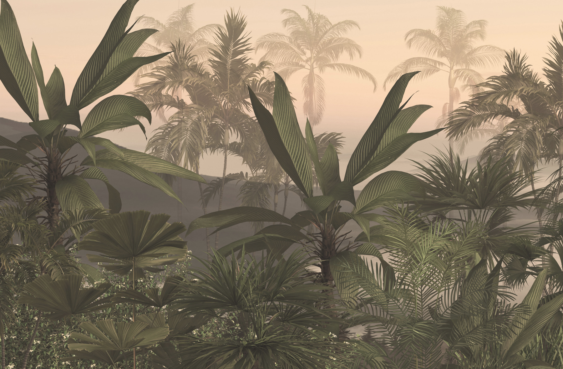 A group of palm trees in a foggy forest
