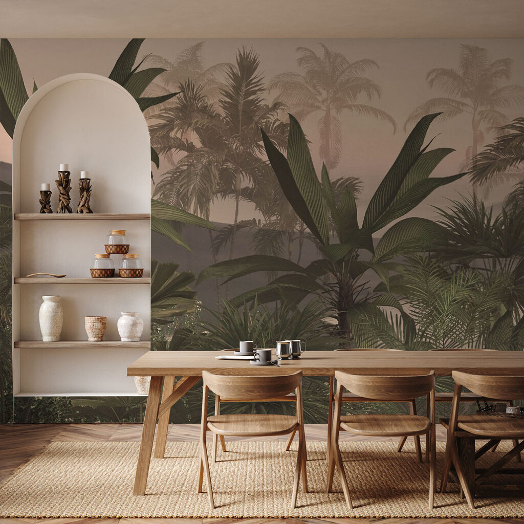 A group of palm trees in a foggy forest