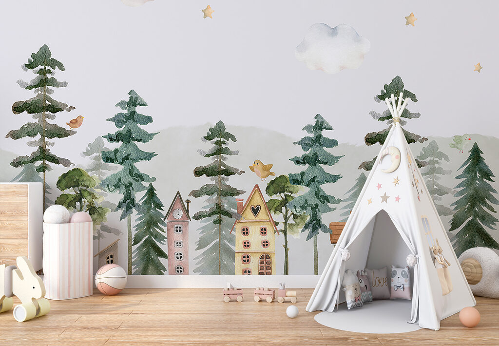 A watercolor painting of houses and trees A watercolor painting of houses and trees