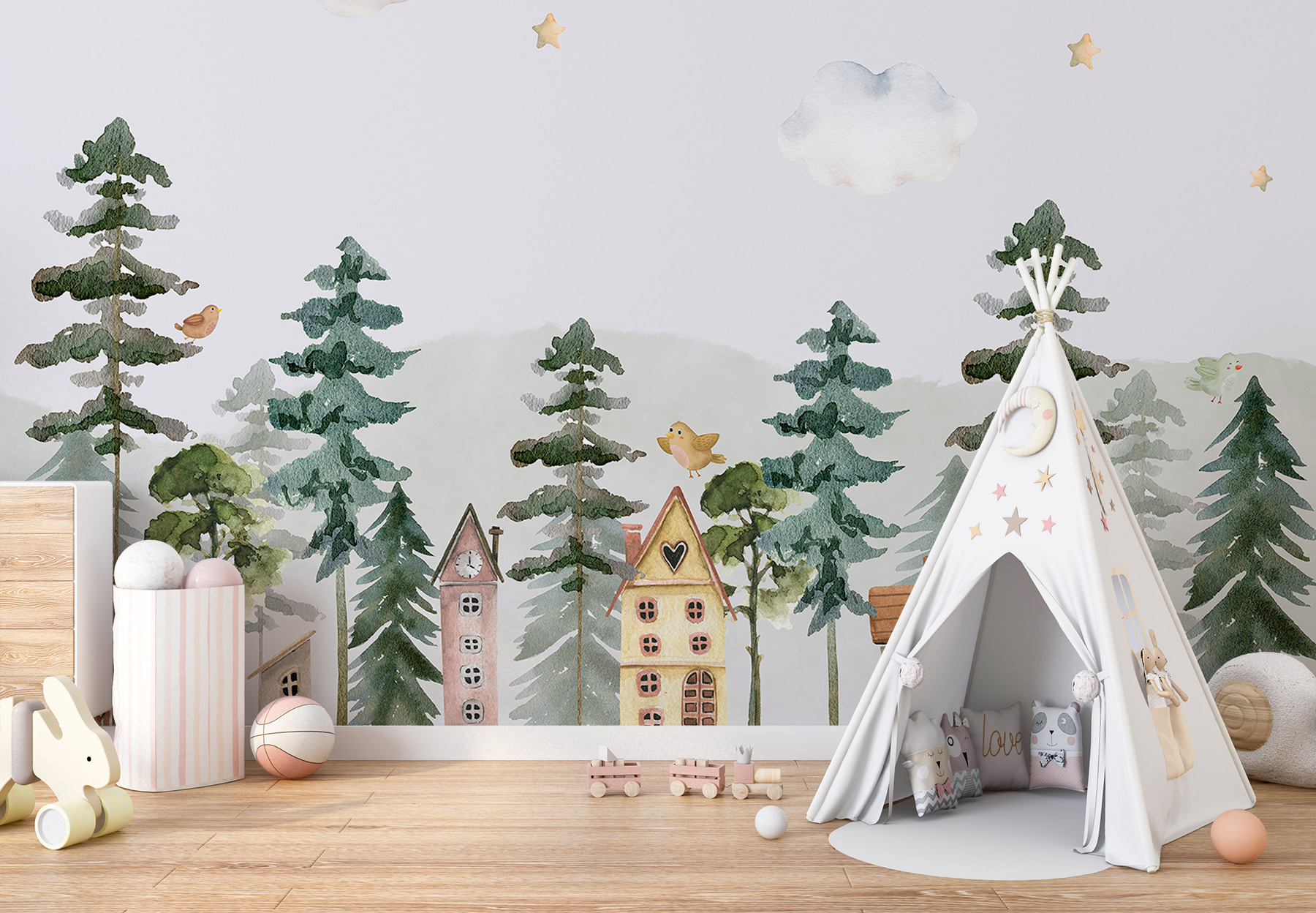 A watercolor painting of houses and trees A watercolor painting of houses and trees