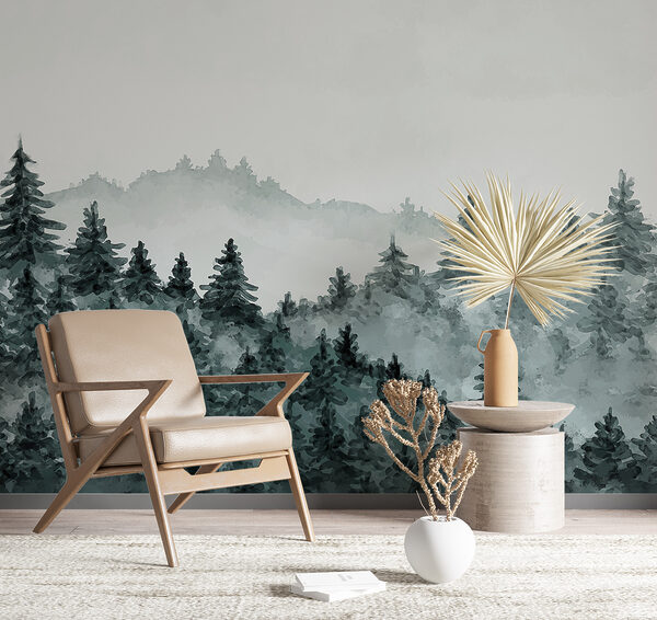 A foggy forest with trees