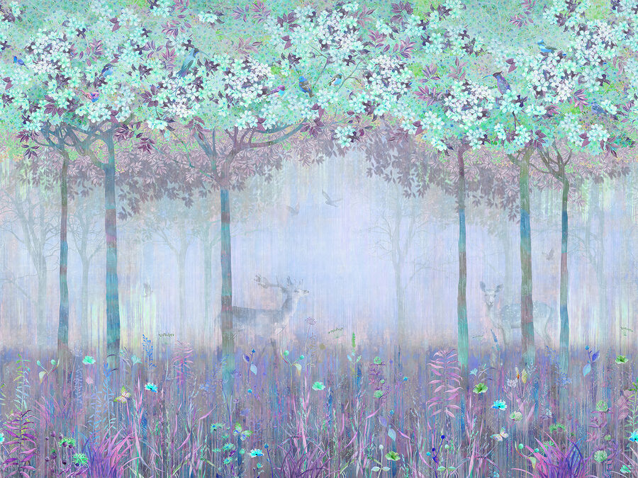 Wall murals A painting of a forest with trees and flowers - Image 2