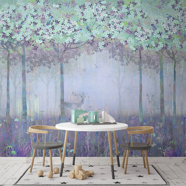 A painting of a forest with trees and flowers