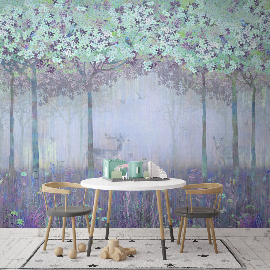 Wall murals A painting of a forest with trees and flowers