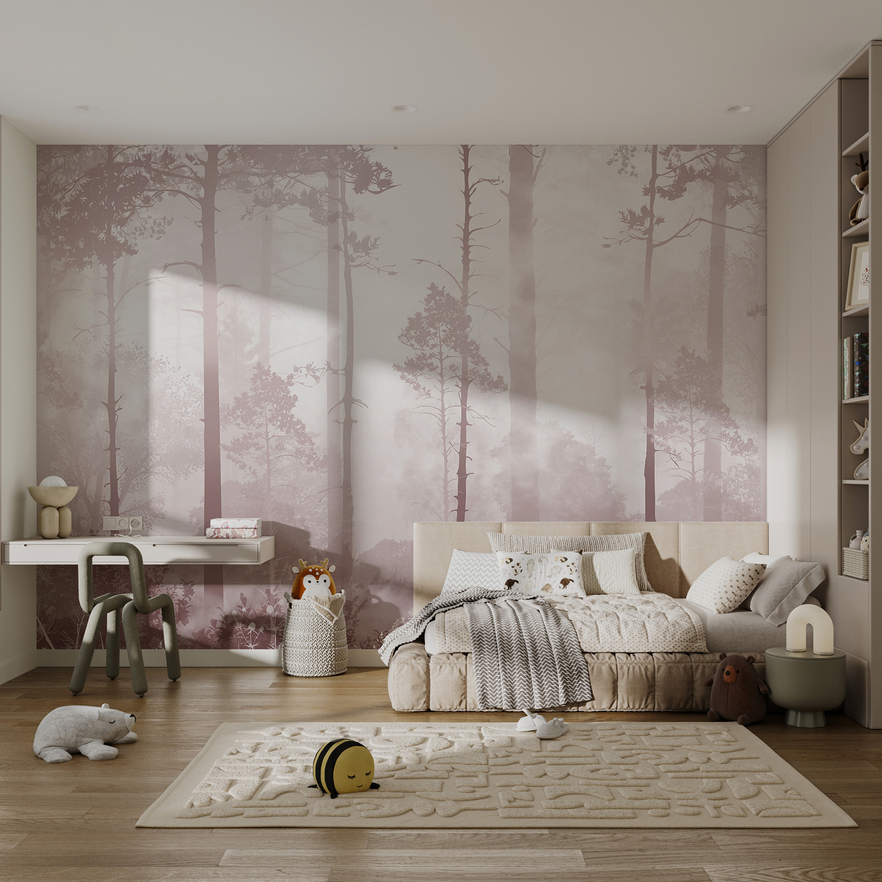 A foggy forest with tall trees