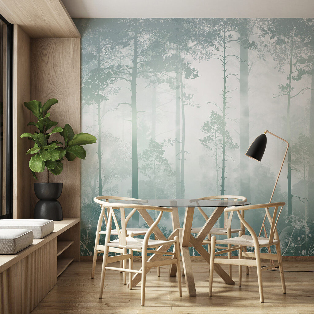 A foggy forest with tall trees