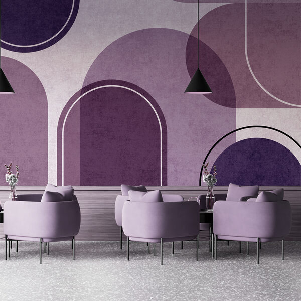 A purple and white background with ovals and ovals