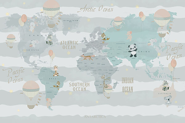 A map of the world with animals and balloons A map of the world with animals and balloons