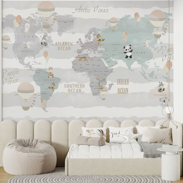 A map of the world with animals and balloons A map of the world with animals and balloons