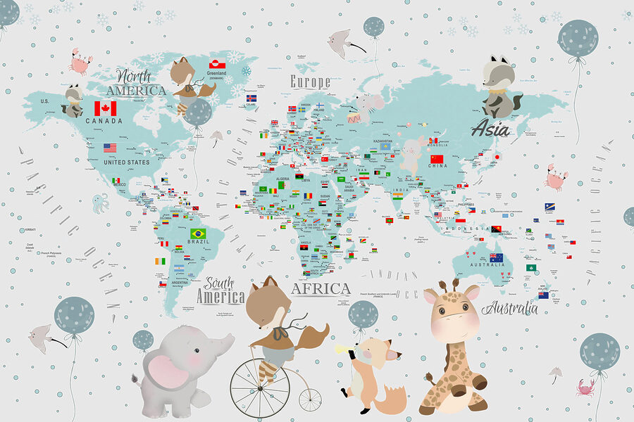 A map of the world with animals