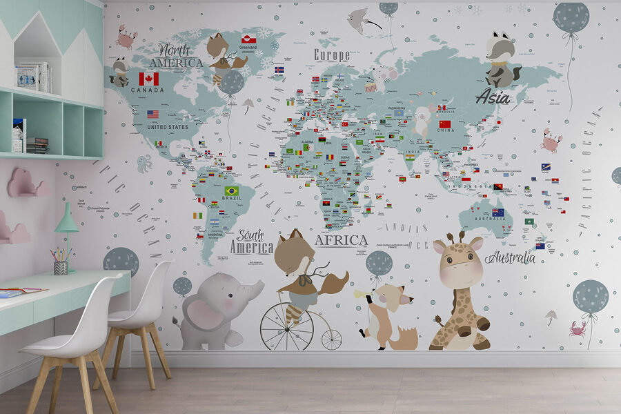 A map of the world with animals