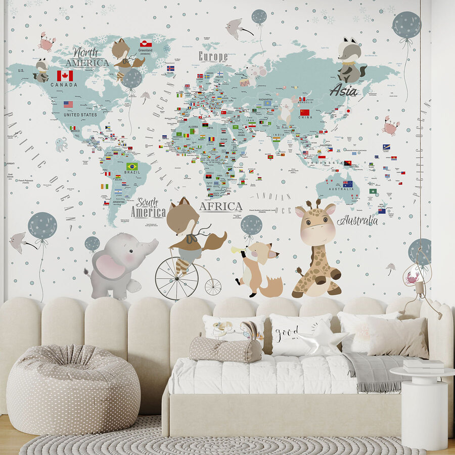 A map of the world with animals