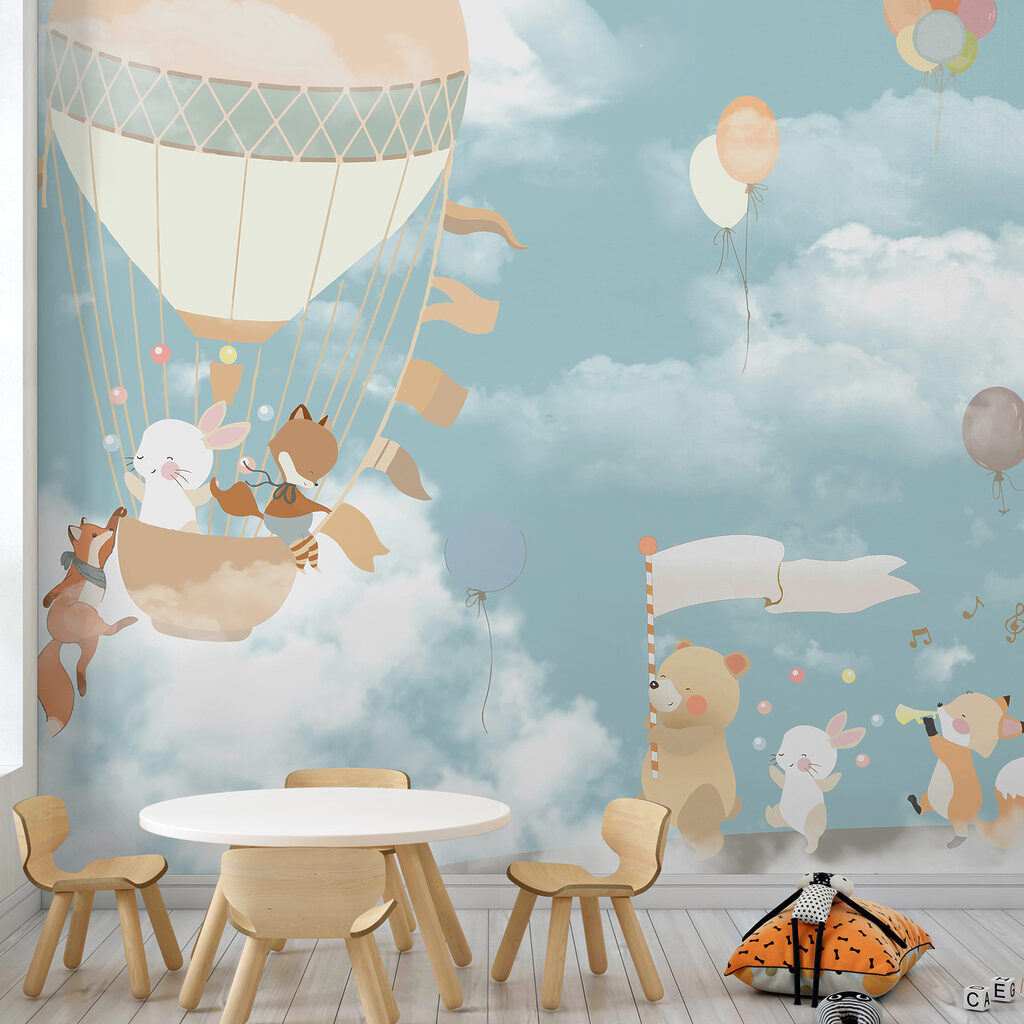 A cartoon of animals in a hot air balloon A cartoon of animals in a hot air balloon