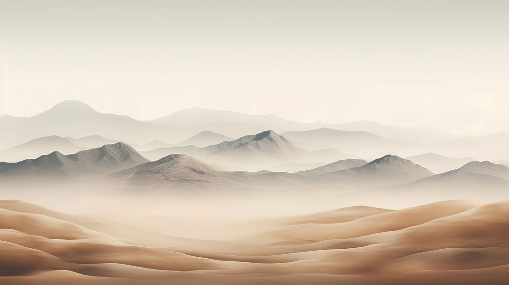 A desert landscape with hills and fog