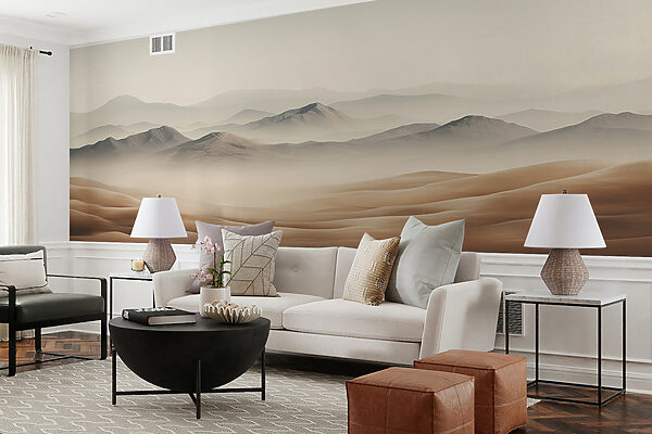 A desert landscape with hills and fog