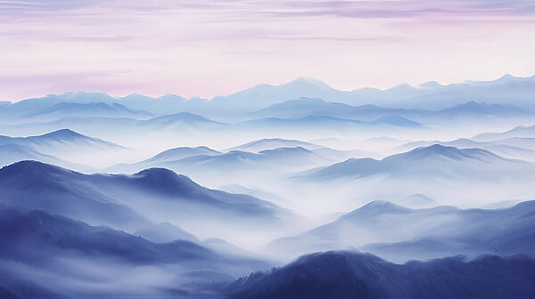 A landscape of mountains with fog