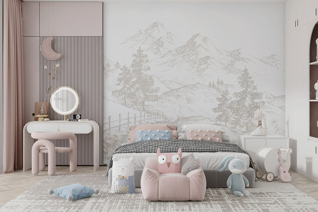 A drawing of a road and trees