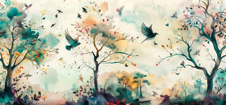 A painting of birds flying in the sky A painting of birds flying in the sky