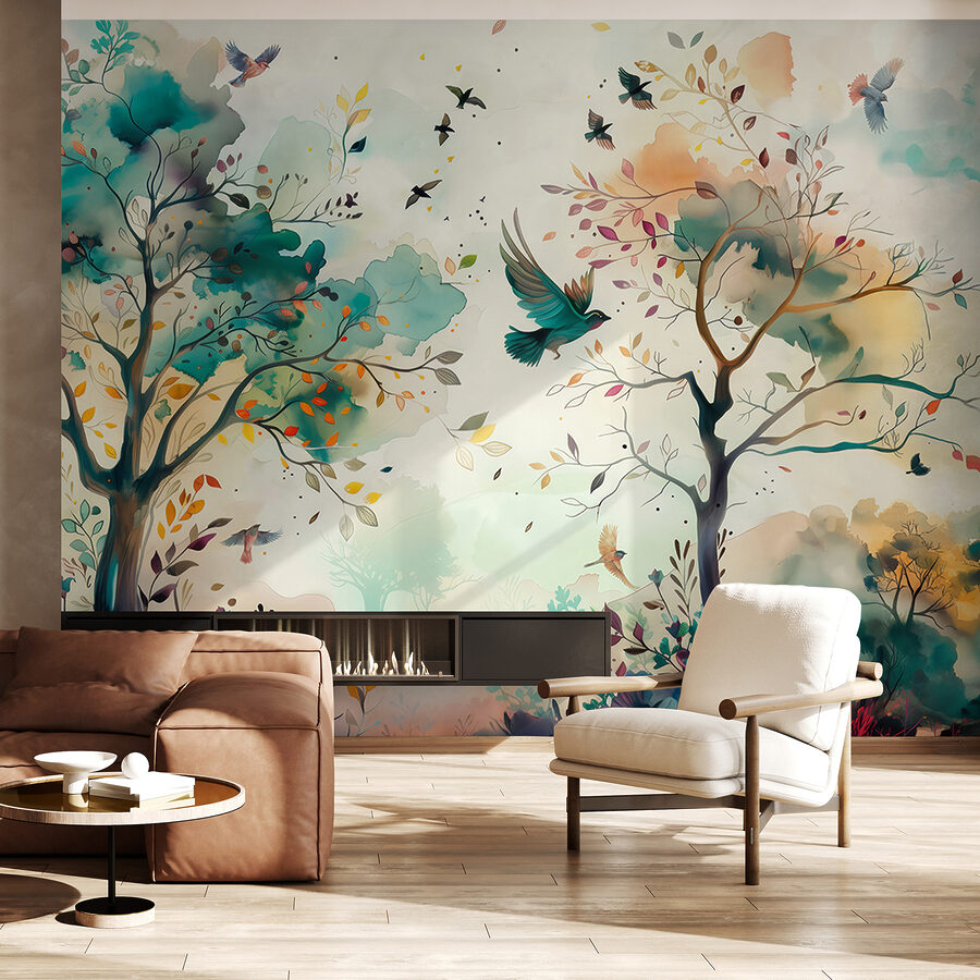 A painting of birds flying in the sky A painting of birds flying in the sky