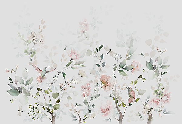 A painting of flowers and birds