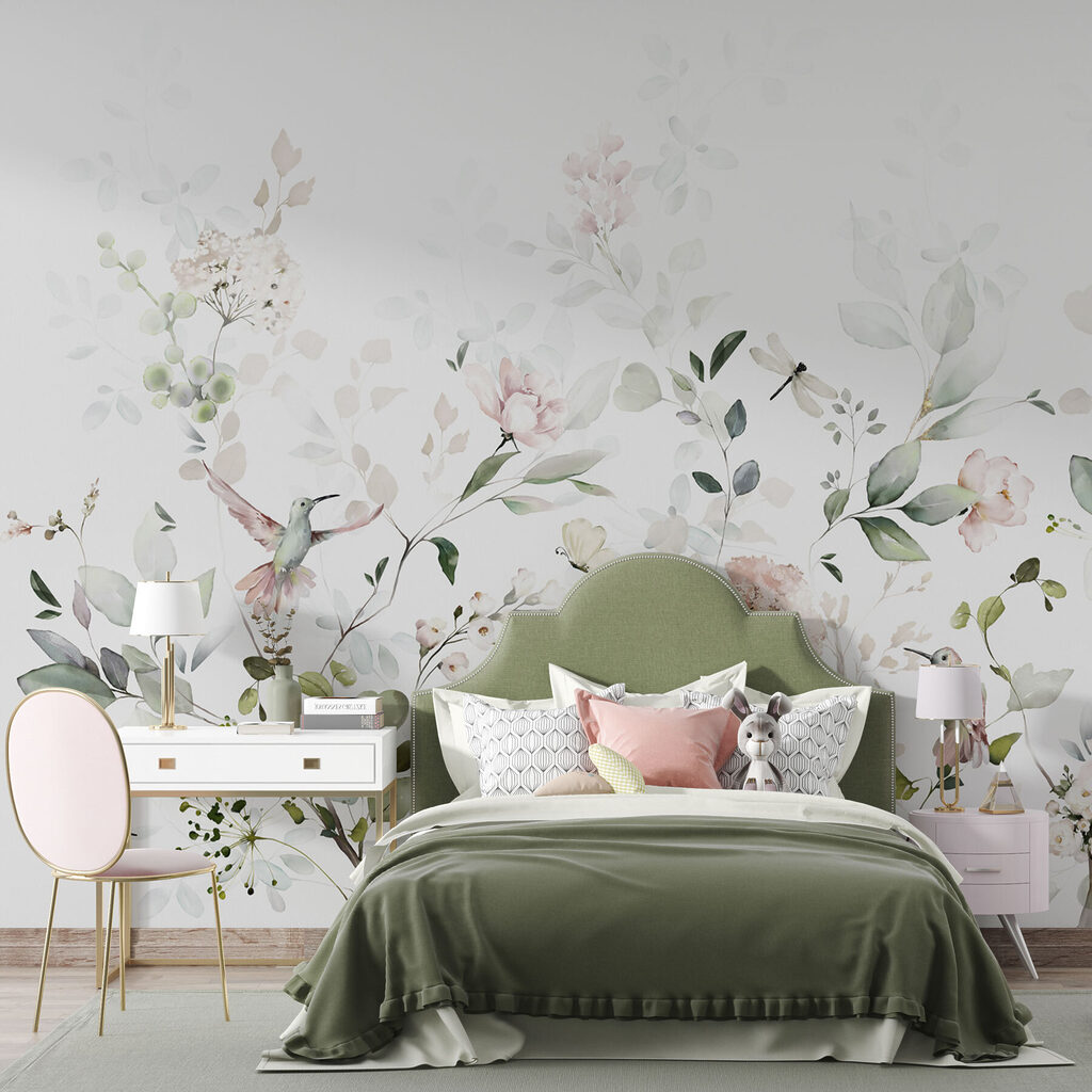 A painting of flowers and birds