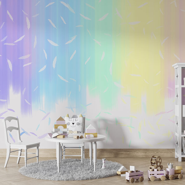 A rainbow colored background with white feathers falling A rainbow colored background with white feathers falling
