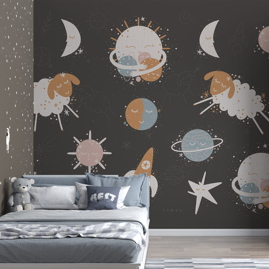 A group of cartoon images of planets and stars