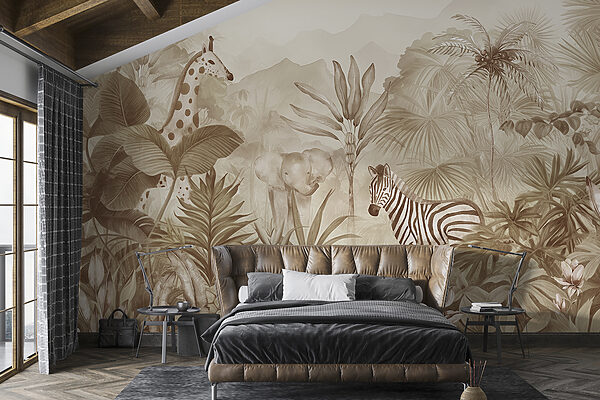 A wallpaper with zebras and elephants in a jungle