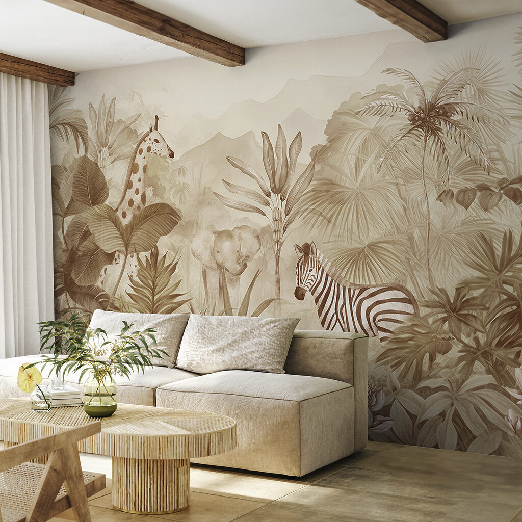 A wallpaper with zebras and elephants in a jungle A wallpaper with zebras and elephants in a jungle