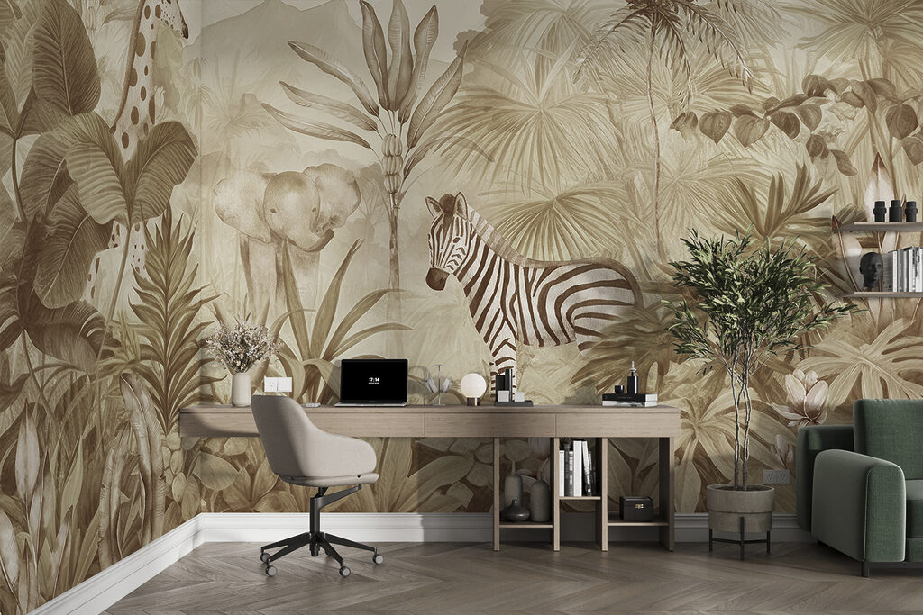 A wallpaper with zebras and elephants in a jungle A wallpaper with zebras and elephants in a jungle