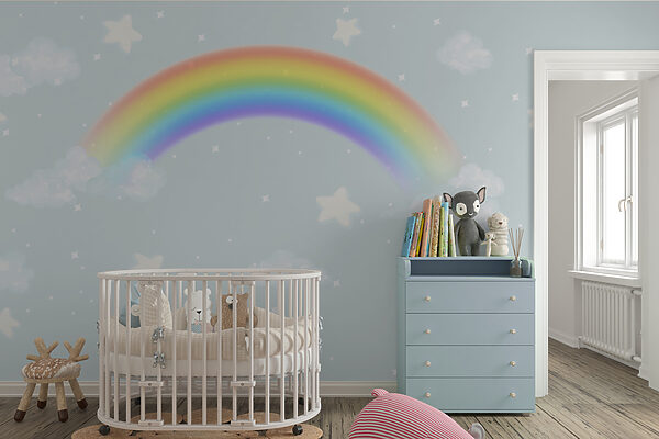 A rainbow and clouds in the sky