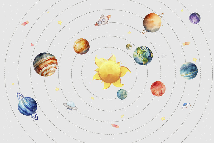 A solar system with planets and stars