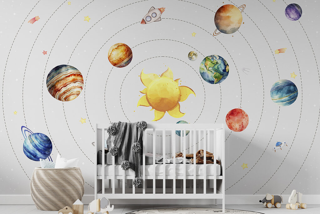 A solar system with planets and stars