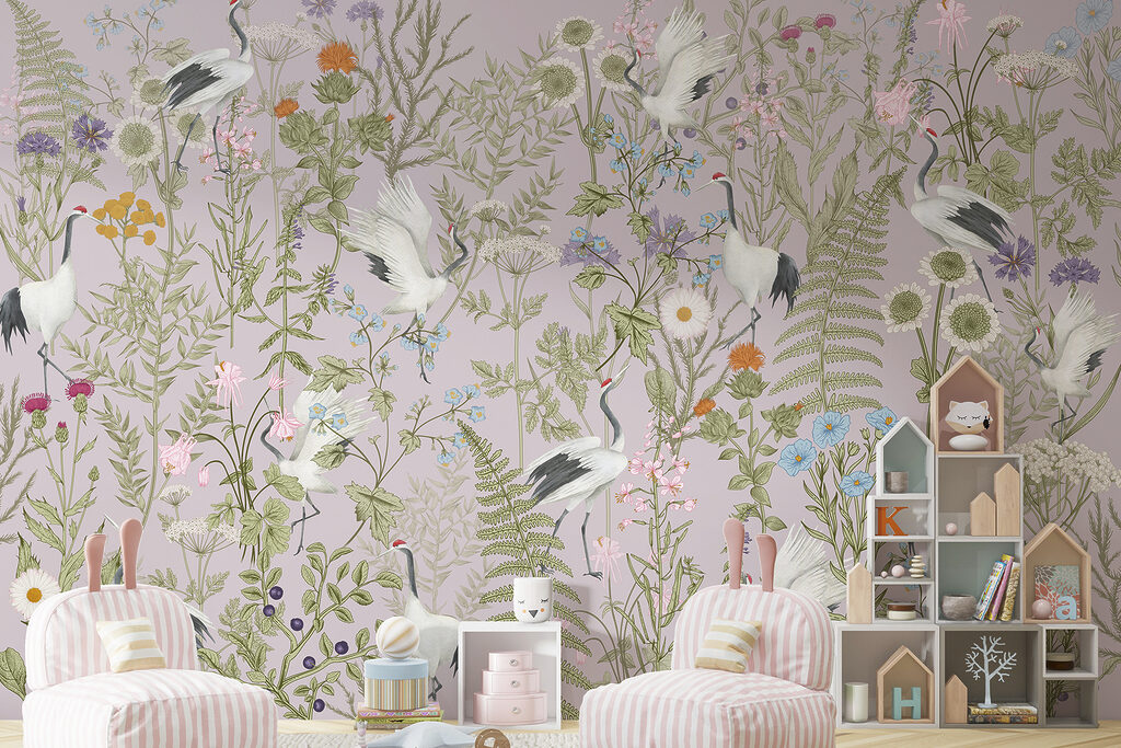 A wallpaper with birds and plants