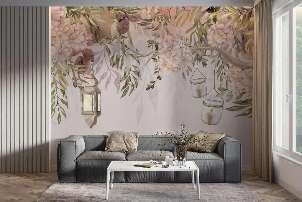 A painting of a tree with flowers and lanterns