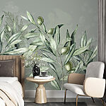 Wall mural A painting of green leaves and olives