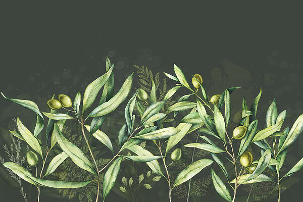 A painting of green leaves and fruits A painting of green leaves and fruits