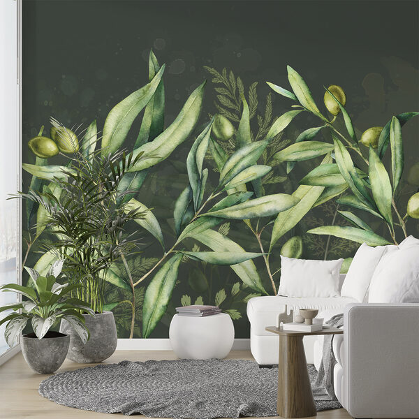 A painting of green leaves and fruits A painting of green leaves and fruits