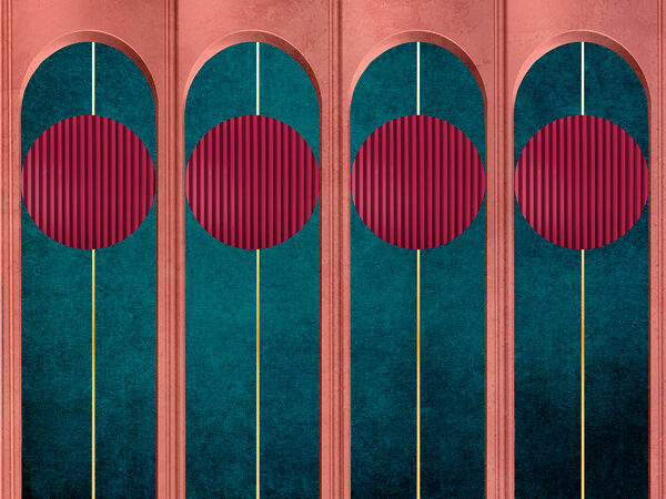 A wall with red circles and blue and green walls