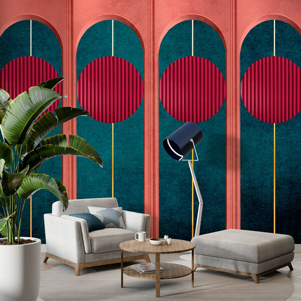 Wall murals Wall murals A wall with red circles and blue and green walls (SKU: w00388)