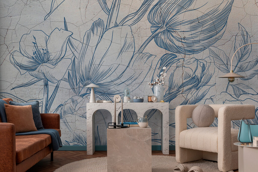 A drawing of flowers on a cracked wall A drawing of flowers on a cracked wall