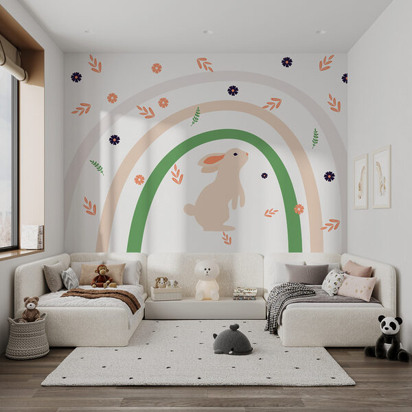 Wall murals Wall murals A rabbit and rainbow with flowers (SKU: w00485v1)
