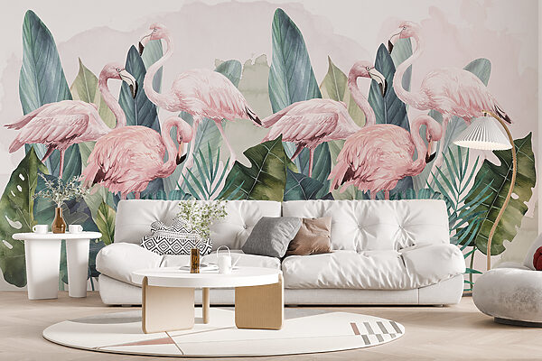 A group of pink flamingos and leaves A group of pink flamingos and leaves
