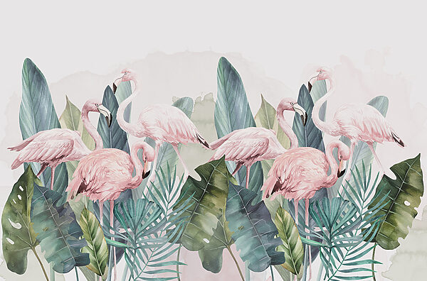 A group of pink flamingos and leaves A group of pink flamingos and leaves