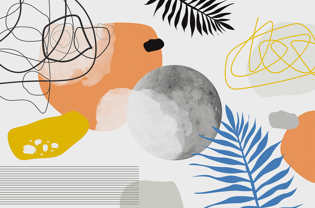 A colorful art with black and white circles and leaves A colorful art with black and white circles and leaves