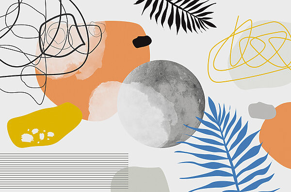 A colorful art with black and white circles and leaves A colorful art with black and white circles and leaves