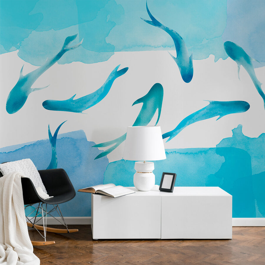 Wall murals A group of blue fish swimming in water - Image 2